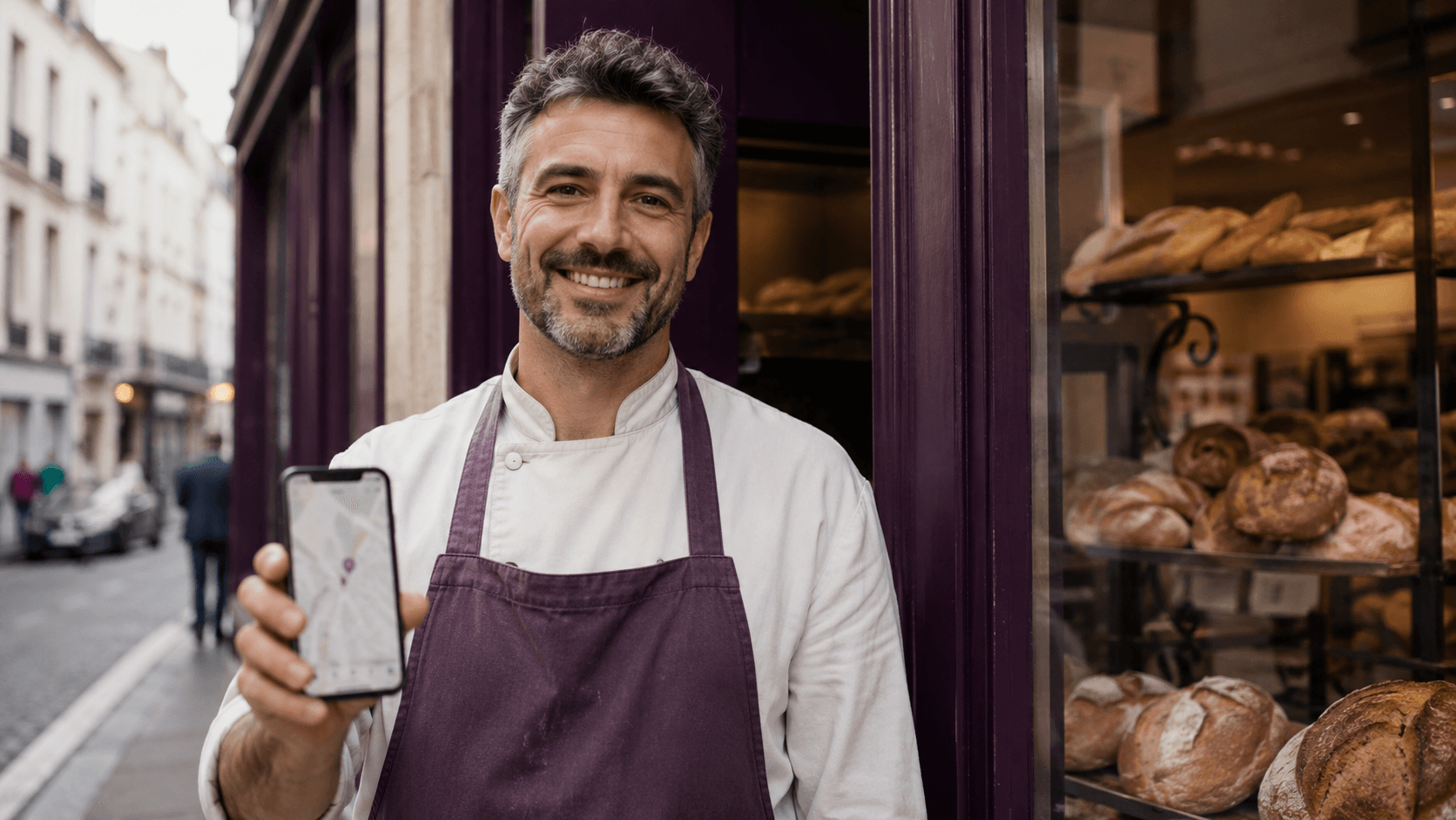 Artisan boulanger devant sa boutique, smartphone affichant une carte du quartier.