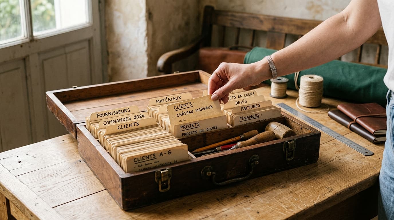 boîte à outils organisée en compartiments étiquetés, métaphore d'une bibliothèque de prompts prête à l'emploi.