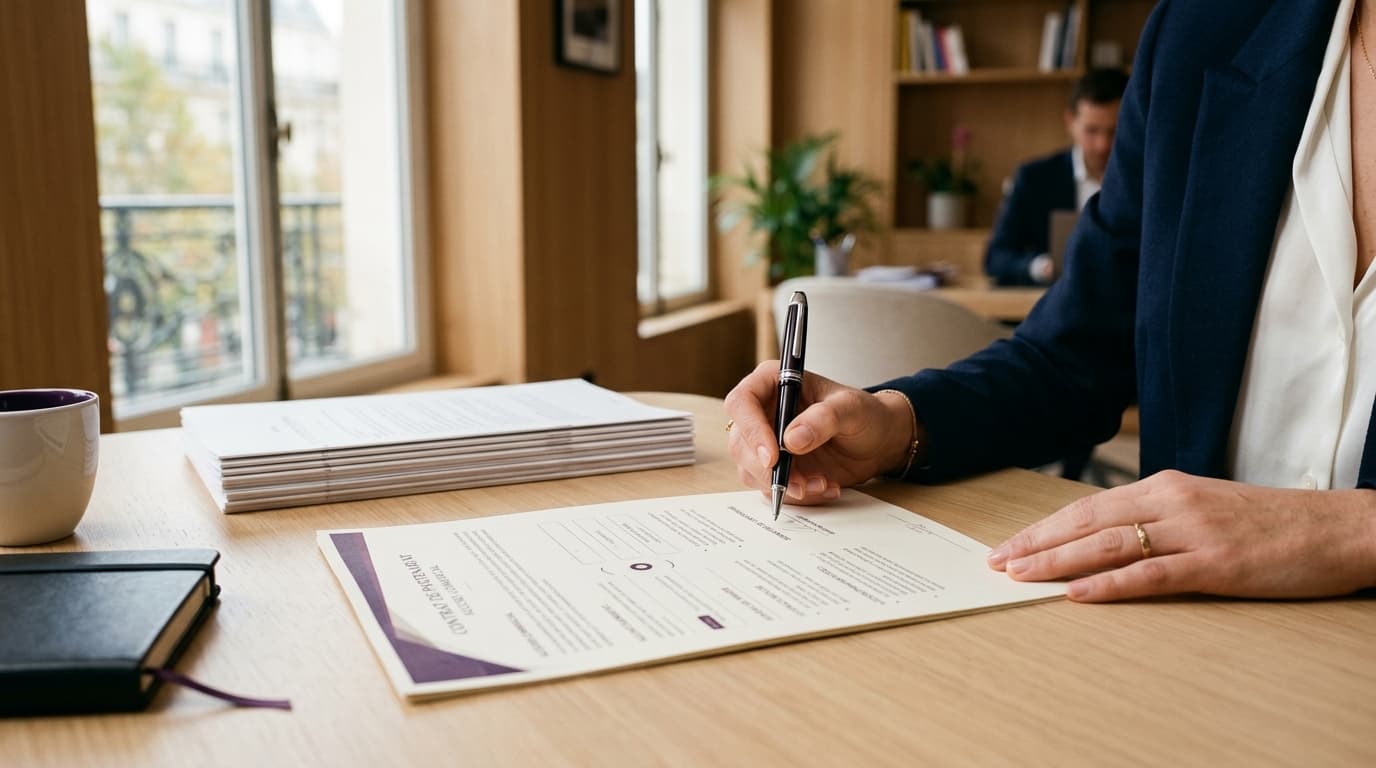 une main saisit un stylo pour signer un devis posé sur un bureau lumineux.