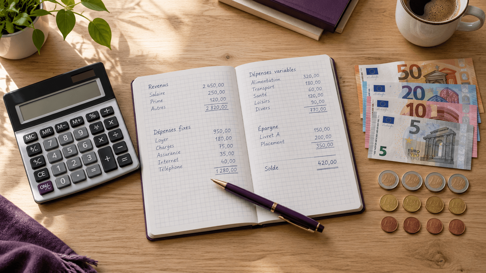 Table de travail avec calculatrice, carnet de comptes et monnaie — calcul du budget de création d'entreprise.